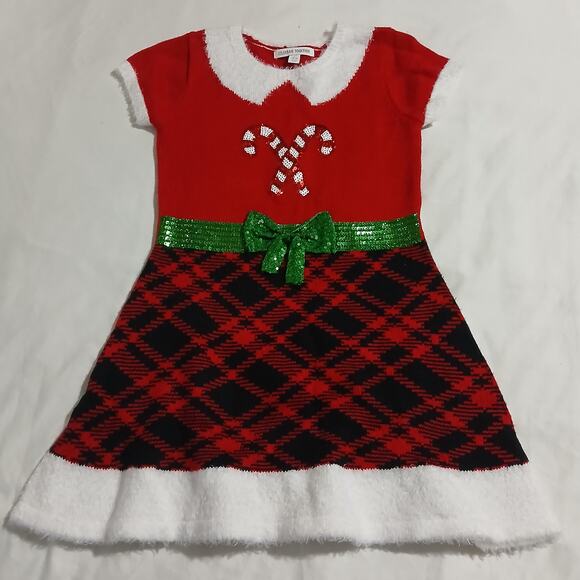 Celebrate Together Dresses & Skirts - Ugly Christmas Sweater Dress Large (10/12) CanDY Canes Plaid Skirt Sequin Bow